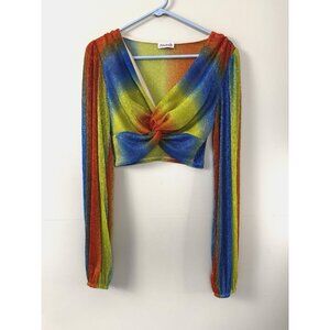 Madrag Rainbow Ombre Twist Crop Top Balloon Sleeve Large Boho Hippie 70s Costume